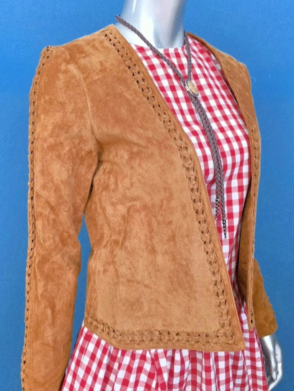 🆕️🤠🐎MANGO Genuine Leather Trena Suede Jacket Collarless w/ Suede Braiding NWT - Picture 12 of 16